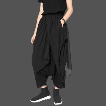 歐洲站潮女裝2025夏季薄款垮褲個性不規則雪紡雙層寬松七分哈倫褲