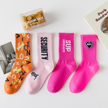 粉色襪子男女夏款中筒潮牌愛心字母火龍果色情侶長襪高幫個性橙色