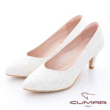 【CUMAR】閃耀蕾絲V口中跟鞋-白銀