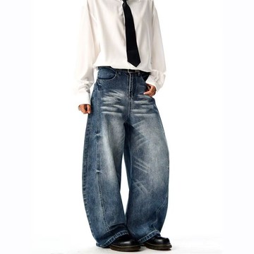 美式復古闊腿牛仔褲男春秋季新款水洗高腰寬鬆百搭直筒褲男