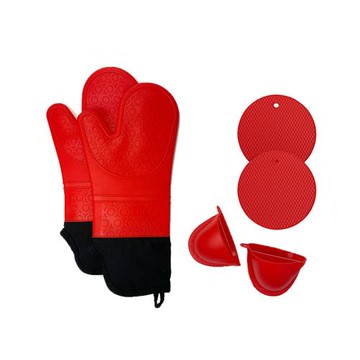 PUSH!餐廳廚房用品矽膠隔熱手套6件套烤箱加厚手套微波爐耐高溫廚房隔熱手套蜂窩墊手夾D322