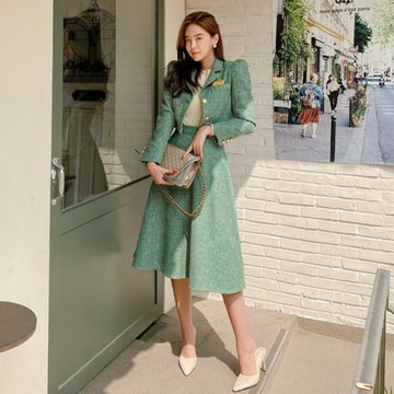2022秋冬韓版氣質女神高端小香風短款西裝外套高腰傘裙半身裙套裝