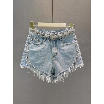 薄牛仔短褲女潮2025夏季新款歐洲站修身顯瘦重工水鉆流蘇毛邊熱褲