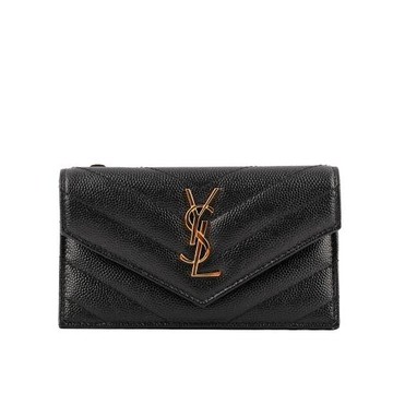 YSL 山形紋荔枝皮金字logo卡片/零錢夾(黑色)