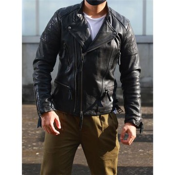 哈雷機車皮夾克男 植鞣綿羊皮 夾棉立領斜拉鏈修身短款真皮皮衣男