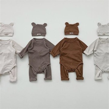 春秋季寶寶純色長袖包屁衣打底褲送帽子嬰兒休閑居家服套裝韓版潮