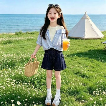 【女童短袖T恤】 女童短袖T恤 女童夏季上衣 女童假兩件上衣 女童條紋T恤 女童露肩上衣 女童寬鬆上衣 女童時髦上衣