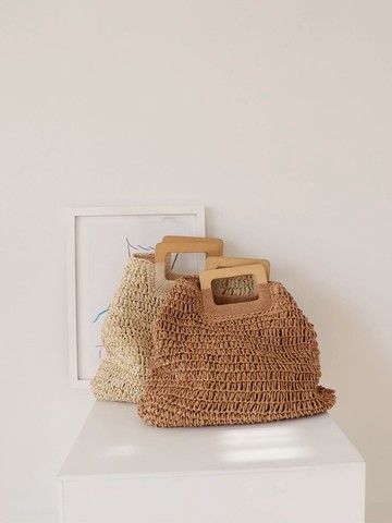 新款ins草編包木把大容量編織包草包休閑海邊度假沙灘包女手提包1入