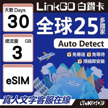 LINKGO白鑽卡 全球25國 eSIM卡 30天上網卡 總流量3GB(全球網卡 亞洲 歐洲 美洲 大洋洲 非洲)