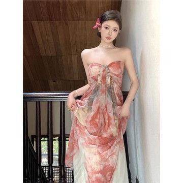 法式小眾高級繁花扎染新中式印花連衣裙氛圍感海邊度假吊帶抹胸裙
