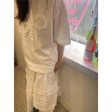Unique SEI 韓版簡約花邊復古浪漫蝴蝶結少女感T恤百搭休閑半身裙
