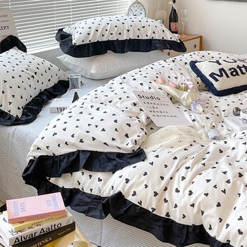 韓式氣質荷葉邊純棉床上四件套全棉小清新公主風愛心仙女被套床單