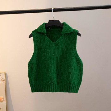 秋冬季加厚翻領背心綠色保暖短款馬甲修身無袖套頭內搭打底衫毛衣