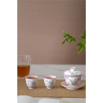 云澗 妙造｜粉釉錯色手繪新彩碧桃知春三才蓋碗品杯120ml 景德鎮