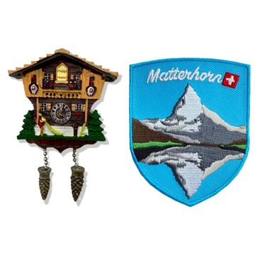 造型布貼＋磁鐵【2件組】瑞士吹笛咕咕鐘旅遊磁鐵＋馬特洪峰 （湖倒影造型）刺繡裝飾貼 fb打卡地標 冰箱磁鐵  辦公室磁鐵 _廠商直送