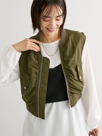 褶皺剪裁雙口袋拉鍊MA-1背心(6P43L0X0300) - Green Parks