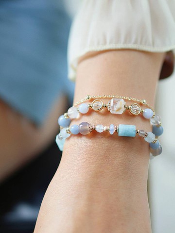 伊勢海岸。雪花幽靈 天使石 海水藍寶 14K包金 水晶礦石設計手鍊