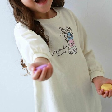 日本 devirock - 100%棉 女孩印花微長版上衣-馬卡龍-灰白