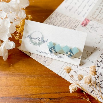 馬賽克愛心系列 湖水綠/深藍碎花 小款 925純銀針耳環/無痛耳夾