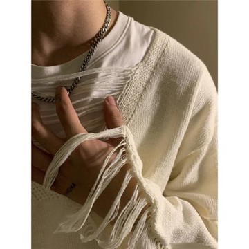 早秋美式小眾v領破洞設計感長袖毛衣男女薄款寬松休閑鏤空針織衫