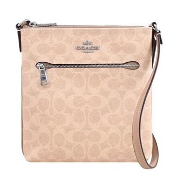COACH 經典印花拼接拉鍊斜背扁包(卡其/棕邊)