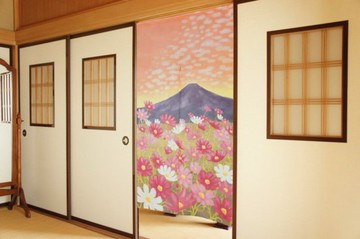 【預訂】日本製 粉紅波斯菊富士山門簾