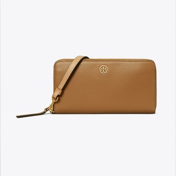 【TORY BURCH】專櫃經典款 Robinson 防刮皮革拉鍊長夾 手拿包 手機包手掛式長夾 (駝色)