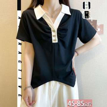 棉上衣翻領雙色排釦皺摺不對稱(2色) XL-4XL【381424X】【現+預】-流行前線-