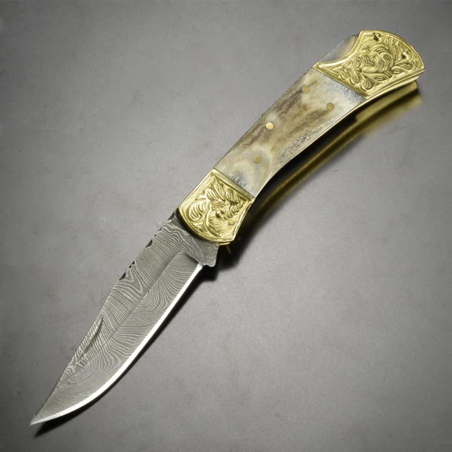 Damascus 折りたたみナイフ 鹿角 ダマスカスブレード 彫刻入りボルスター DM-1163