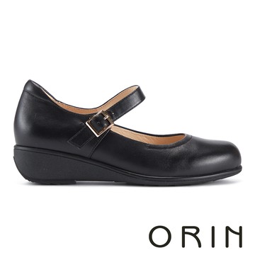ORIN working girl「靜行式」E款 3.6cm羊皮圓頭楔型瑪莉珍制鞋 黑色 #25078
