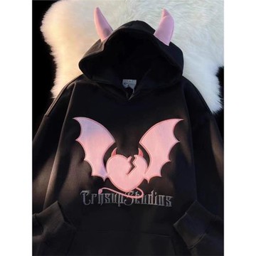 美式復古oversize刺繡小惡魔角連帽衛衣男女秋冬ins街頭潮牌外套