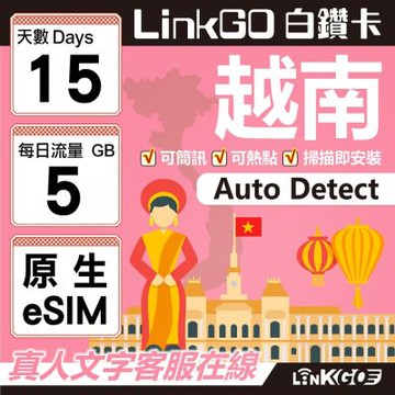 LinkGO白鑽卡 越南 原生eSIM卡 15天上網卡 每日5GB 高速流量(越南網卡 下龍灣 峴港 胡志明市)
