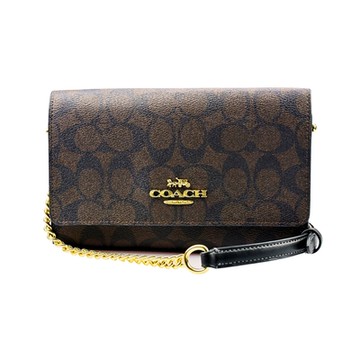 COACH  Flap深咖啡C LOGO PVC字牌釦式翻蓋硬殼小款斜背包