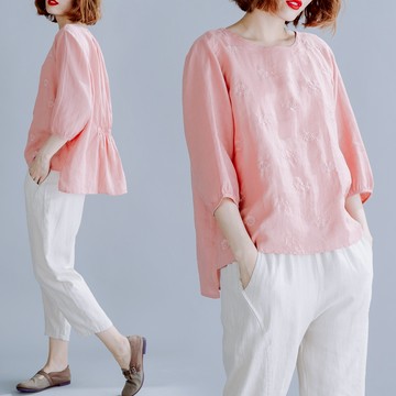 胖妹妹襯衫女寬松七分袖棉麻刺繡娃娃衫顯瘦大碼休閑百搭春夏上衣