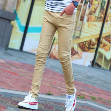 夏季男士休閑牛仔褲男百搭韓版潮流修身卡其色顯瘦小腳鉛筆長褲