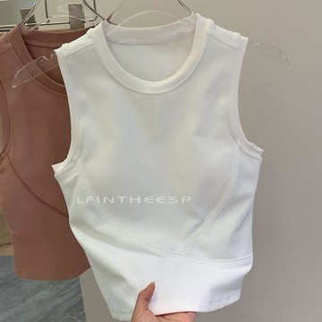 不顯壯~羅紋遮副乳固定罩杯運動背心帶胸墊瑜伽服無袖美背健身衣