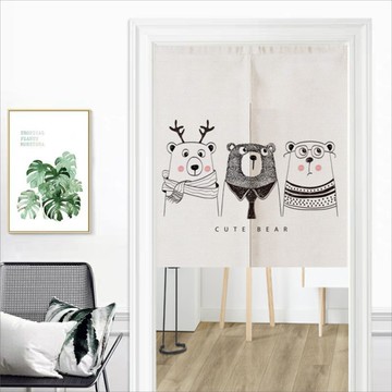 門簾 呆呆熊門簾(加厚款) 棉麻 台灣現貨 穿桿式門簾 85X90CM 兩片式門簾 風水簾【居家達人 BA180】