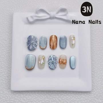 ➕大簡美甲💅手工穿戴甲水藍立體浮鵰花朵ins魔鏡粉輕奢長款假指甲貼片跨境熱短款穿戴甲 U2YX