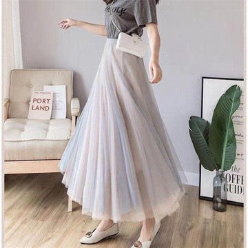 網紗裙半身裙女春秋高腰遮胯中長百褶裙A字裙仙女裙子長紗裙