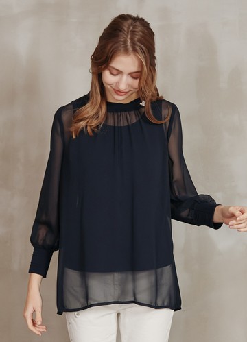 輕透浪漫中長版立領雪紡上衣