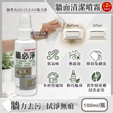 (2瓶超值組)加拿大GO CLEAN垢立淨-牆必淨除污漬潔白牆面清潔噴霧100ml/隨身瓶(強效去塗鴉手印鞋印油污水痕,免刷洗白牆翻新,多材質適用恢復牆壁原色)