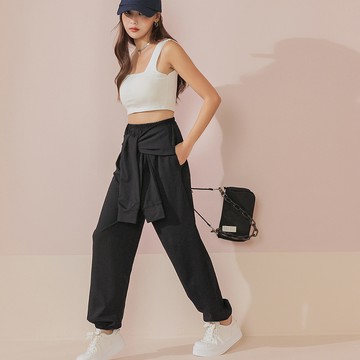 仿袖綁帶縮口棉褲-黑【KT201264】