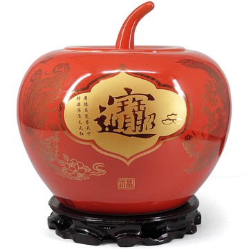 吉祥開運坊】蘋果聚寶盆【平平安安聚寶盆 大型21cm  合紅字 附五色水晶石 元寶 招財符 木座】開光 擇日