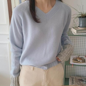 韓國女裝連線 - 撞色拼接袖羊毛V領針織上衣-天藍 (FREE)
