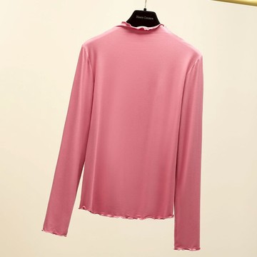 豆沙粉色木耳邊莫代爾打底衫女春裝年新款半高領t恤顯瘦上衣
