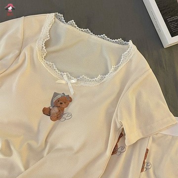 臺灣出貨 帶胸墊睡衣 睡衣套裝 女生睡衣 睡衣女可愛小熊印花純欲短褲短袖帶可拆卸胸墊睡衣女夏季純欲修身家居服