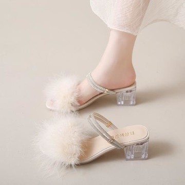 涼鞋女夏外穿2025年新款水晶粗跟高跟鞋兩穿水鉆仙女風毛毛涼拖鞋