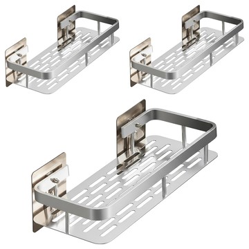喵汪森林 太空鋁長方置物架02.單+寬/銀 免釘安裝 浴室廚房收納好幫手  3入