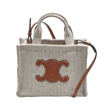 CELINE 賽琳 經典CABAS THAIS品牌LOGO條紋帆布手提/斜背方包(杏色)