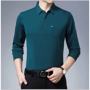 高檔翻領 Polo衫男|大尺碼100公斤男裝上衣|真口袋冰絲打底衫|春秋翻領Polo衫|中老年純色上衣|簡約韓版長袖衫